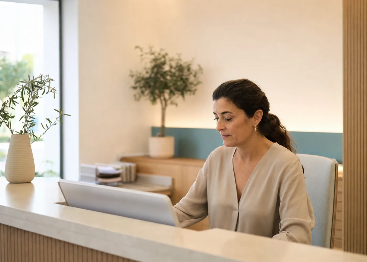 Mostrador de recepción de una clínica a primera hora, con una profesional trabajando en el ordenador