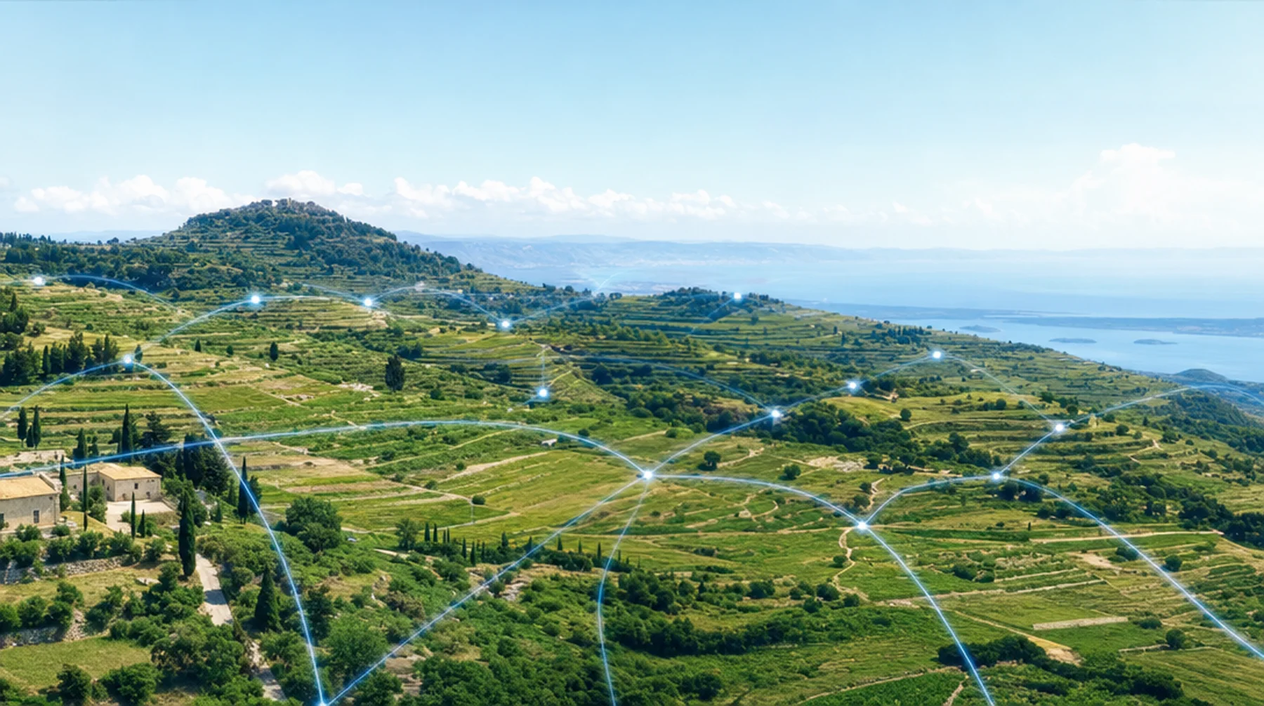 Territorio conectado por una red de datos azul eléctrico