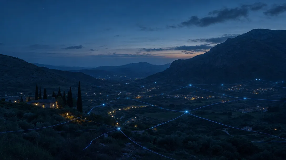 Valle mediterráneo al anochecer recorrido por puntos de conexión azul eléctrico